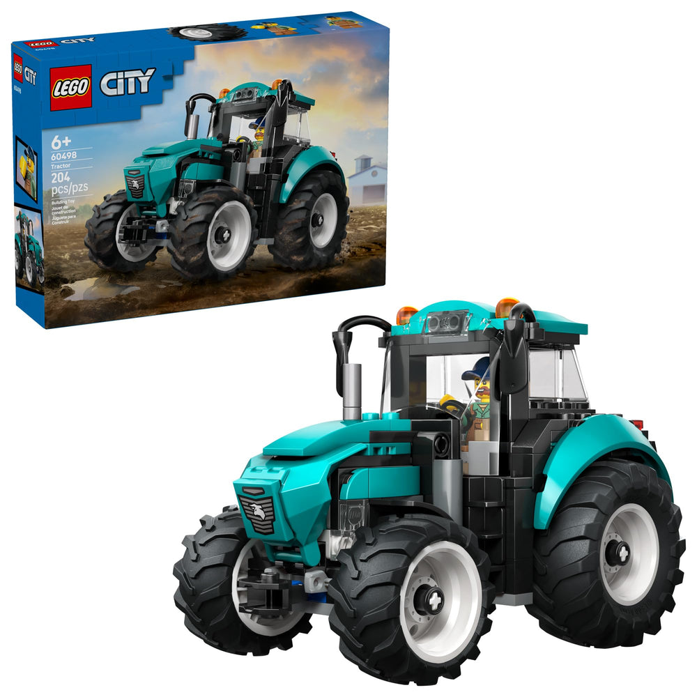 LEGO City 60498 farm tractor front view highlights sturdy build and play potential.