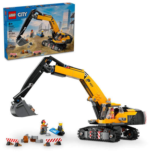 LEGO City yellow construction excavator digger viewed from the side for imaginative pretend play.