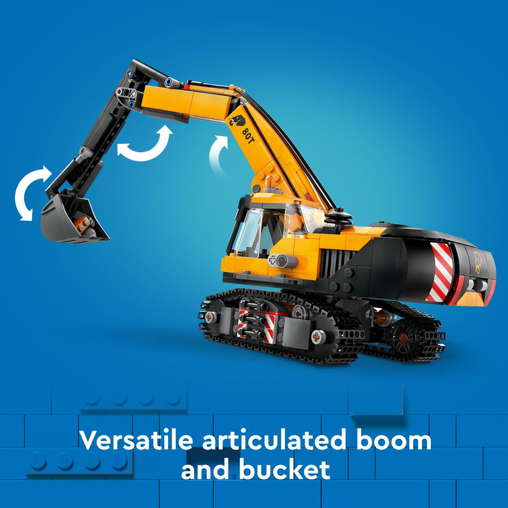 LEGO City yellow construction excavator minifigures lineup for storytelling and roles.