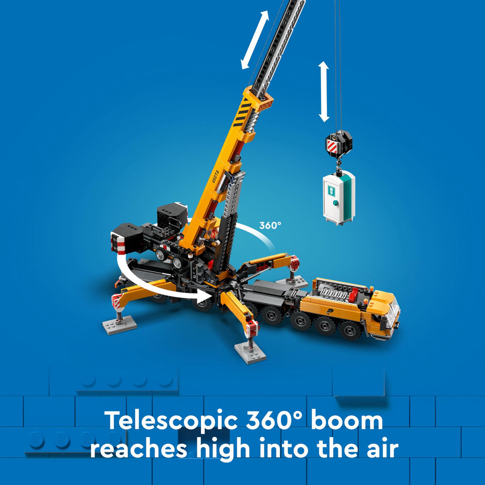 LEGO City yellow mobile crane winch operation for lifting practice.
