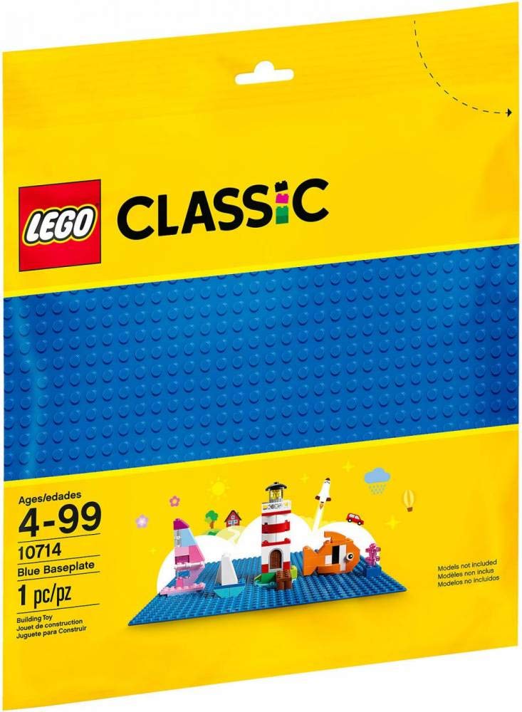 LEGO Classic Blue Baseplate 10714 front view shows a wide foundation for creative builds