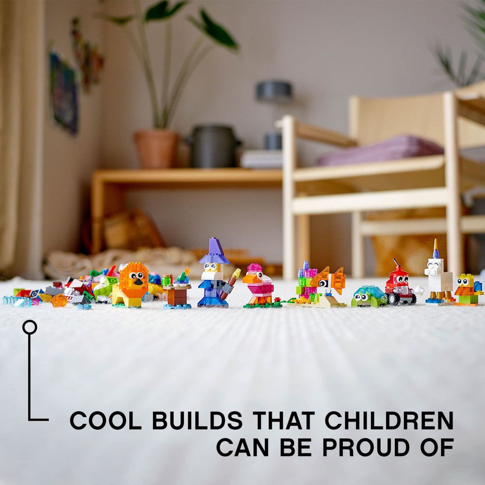 LEGO Classic transparent bricks unicorn invites magical scenes and color exploration.