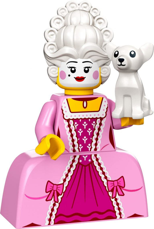 LEGO Rococo Aristocrat 71037 figure with black stand for display and storytelling.