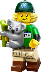 LEGO Conservationist Series 24 minifigure on black stand with accessories, ideal for imaginative play and collection.