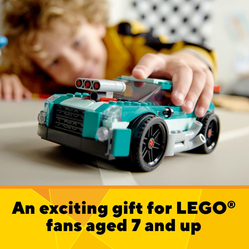 LEGO Creator 3-in-1 Street Racer three build options boost creativity and imagination.