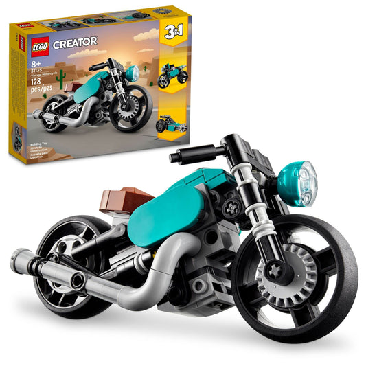 LEGO Creator 3-in-1 Vintage Motorcycle box view supports creative building with colorful bricks.