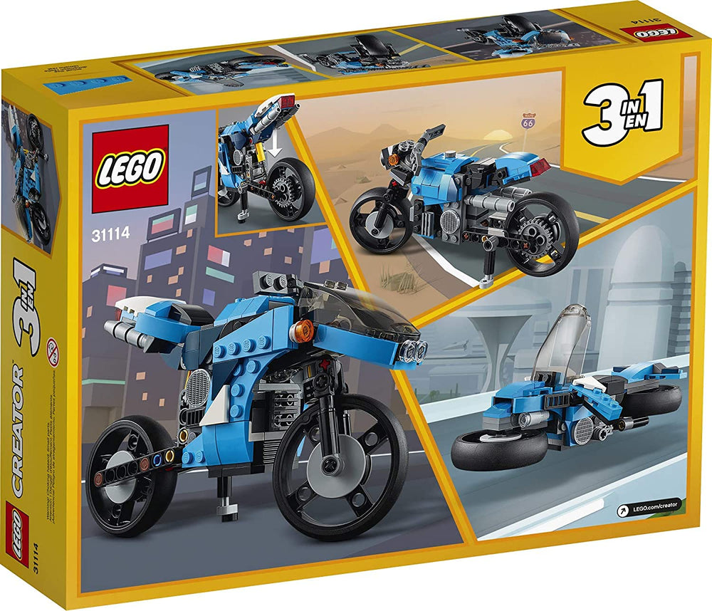 LEGO Creator 3in1 Superbike 31114 classic bike model with kickstand for display-ready builds.