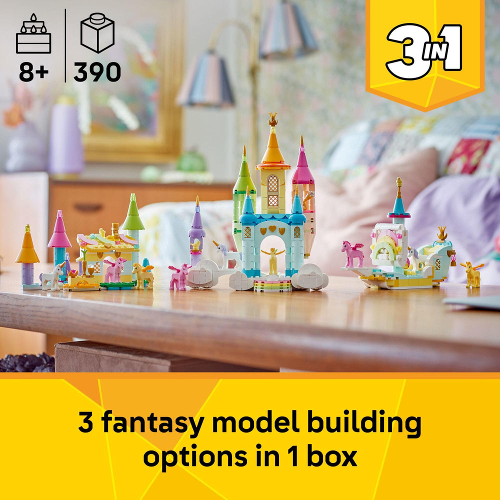 LEGO Creator 3-in-1 Unicorn Castle towers and rainbow staircase for magical scenes.