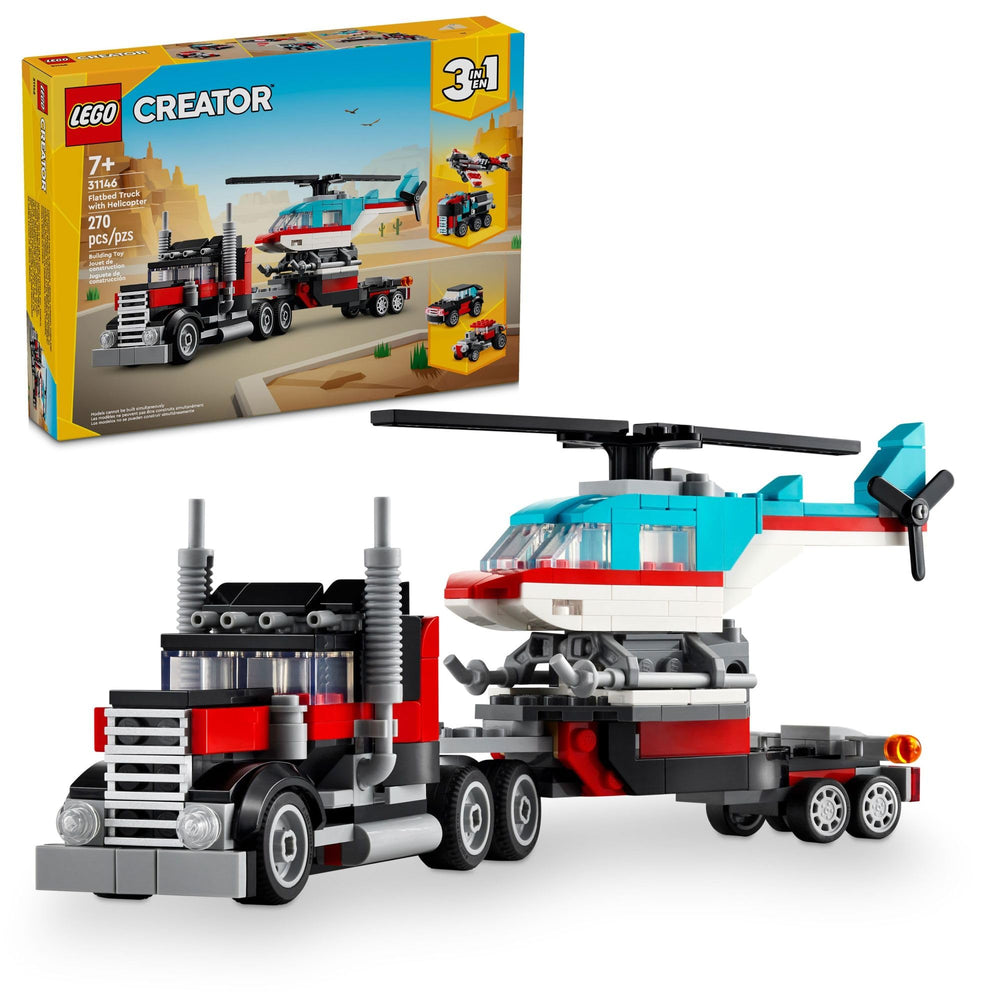 LEGO Creator 3in1 flatbed truck with helicopter on trailer for action-packed play