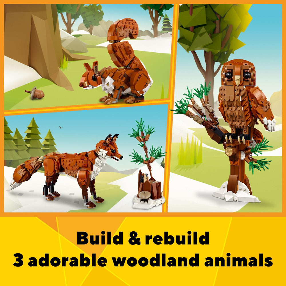 LEGO Creator 3in1 Forest Animals Red Fox 31154 side view with branch stand for shelf display.