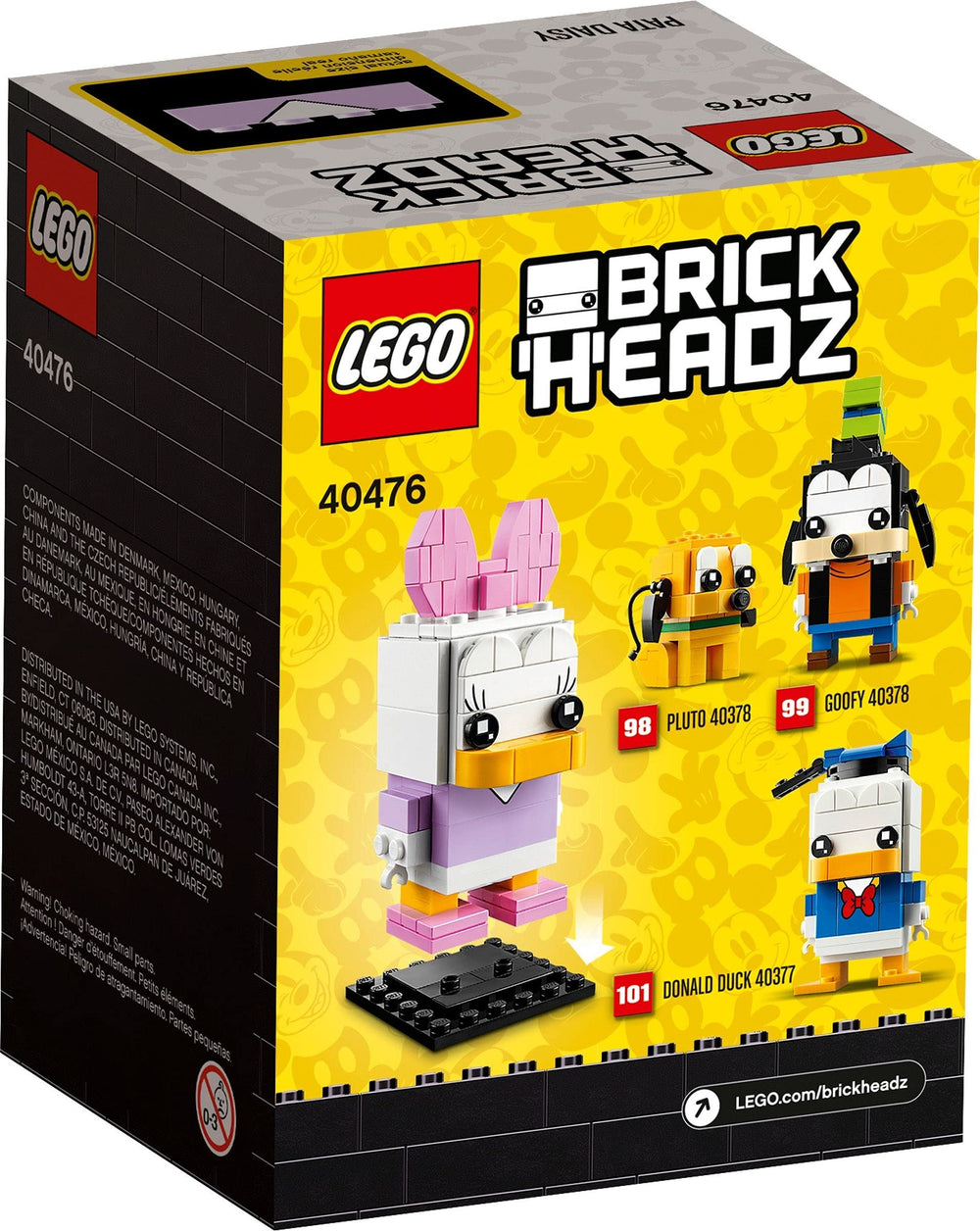 Close-up of Daisy Duck's bow detail on the LEGO BrickHeadz figure.