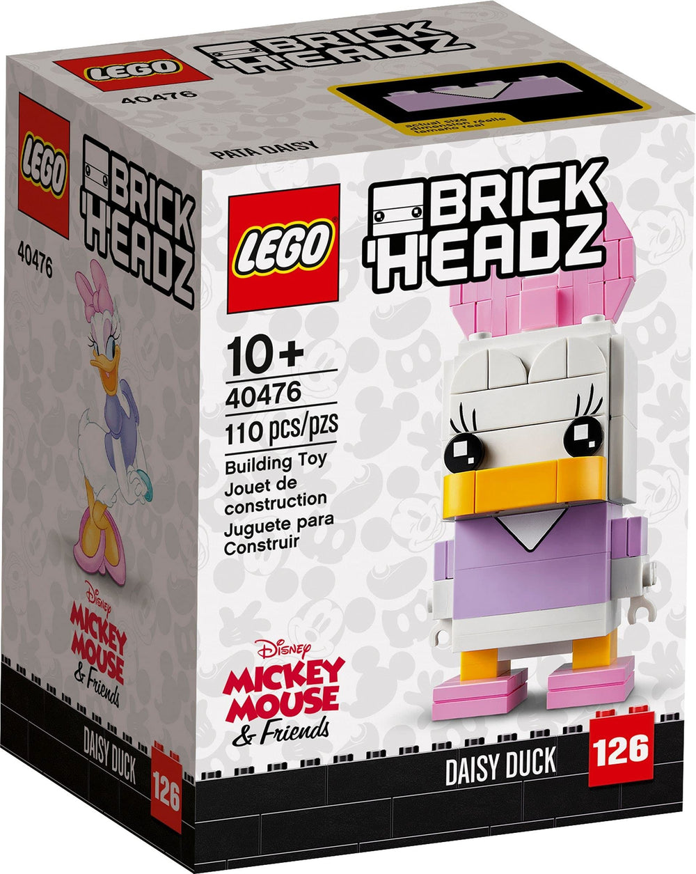 LEGO Daisy Duck BrickHeadz figure with bow detail, ideal for display on a shelf.