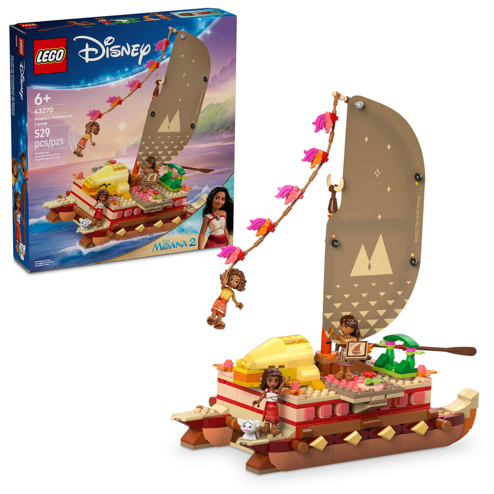 LEGO Disney Moana Adventure Canoe shows a double-hulled boat for imaginative storytelling.