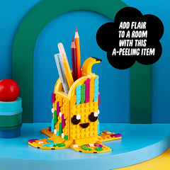 LEGO DOTS Banana with smiling face demonstrates cheerful customization possibilities.