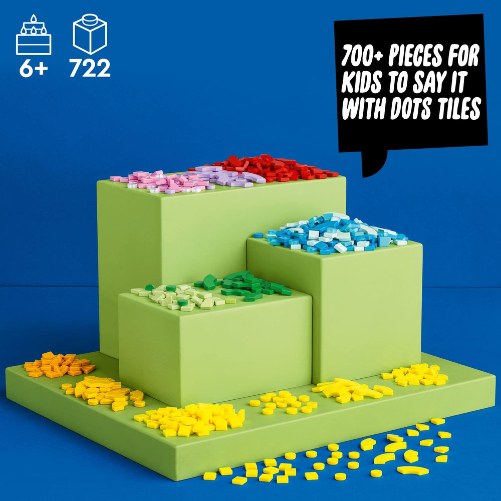 LEGO DOTS lettering tiles displayed on a board for creative decorating