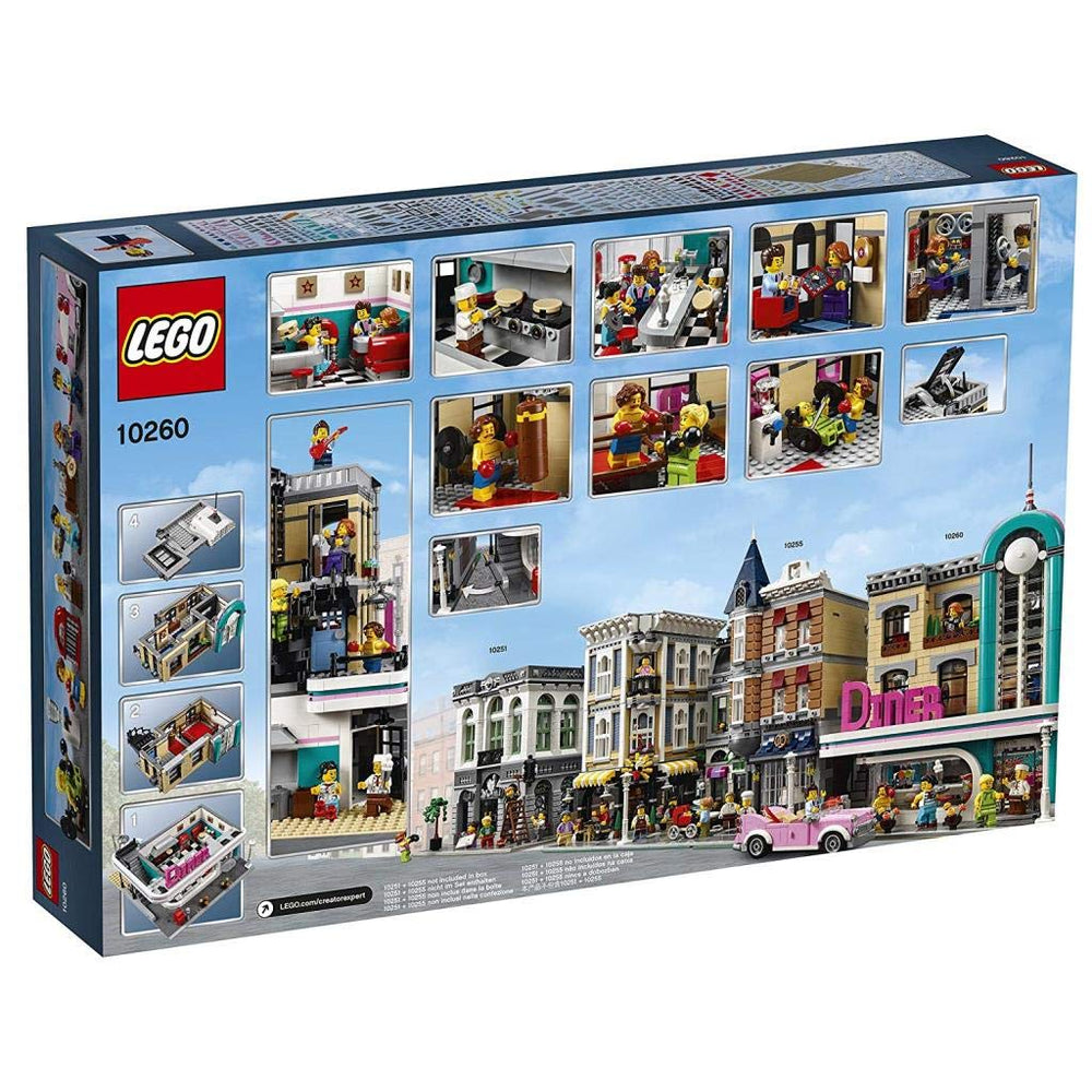 LEGO Downtown Diner interior with diner counter and kitchen for storytelling