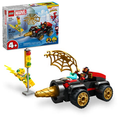 LEGO Drill Spinner Vehicle featuring Miles Morales; rotating drill for imaginative play.