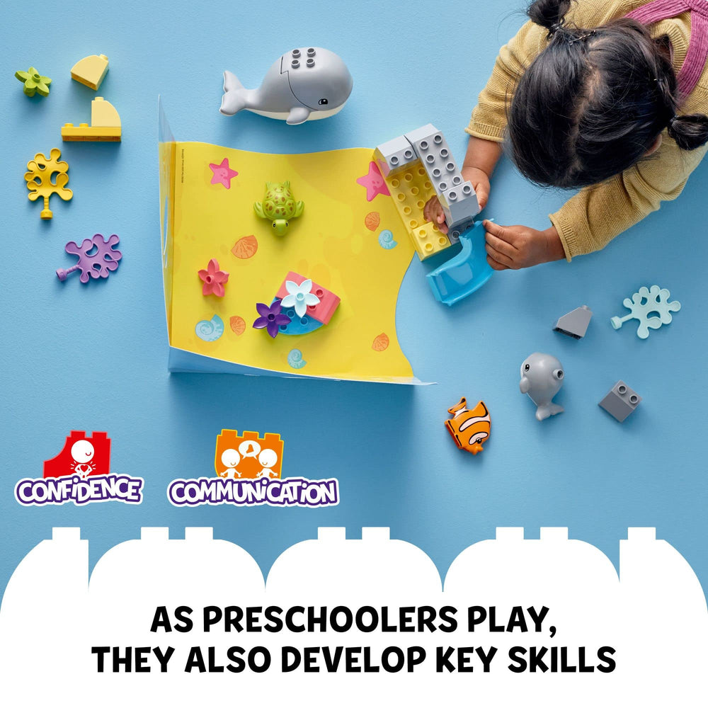 LEGO DUPLO cave with corals enhances narrative play and exploration.