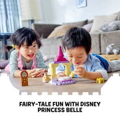 Belle in golden gown dress up moment for storytelling play