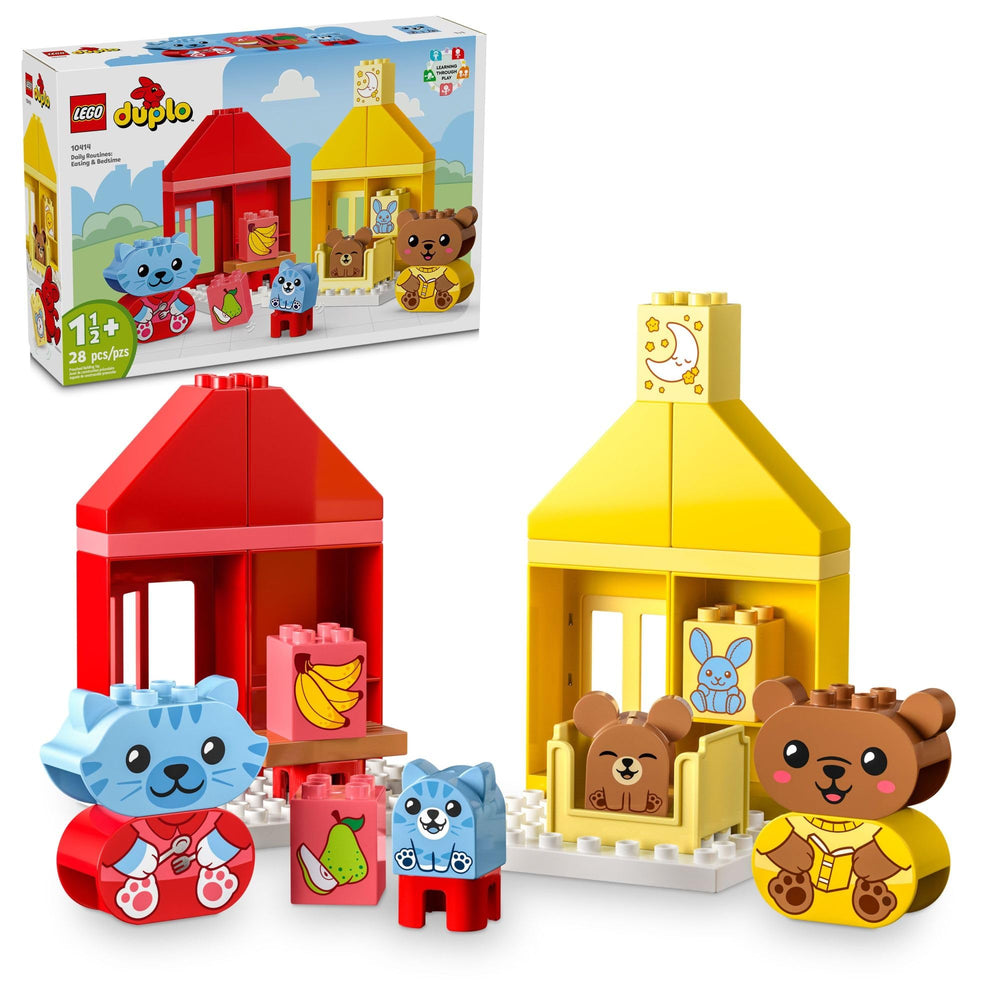 LEGO DUPLO My First Daily Routines set showing eating and bedtime scenes to support routine learning.