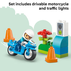 LEGO DUPLO Town Blue Police Motorcycle 10471 cones support obstacle courses and coordination.