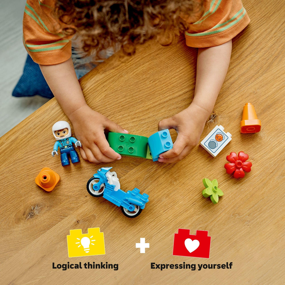 LEGO DUPLO Town Blue Police Motorcycle 10471 traffic light teaches simple road safety.