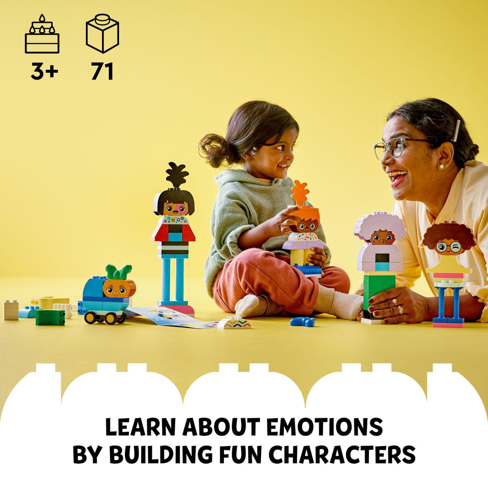 LEGO DUPLO face bricks—10 expressions—for teaching feelings through storytelling.