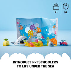 LEGO DUPLO whale toy with baby figure supports storytelling and fine motor play.