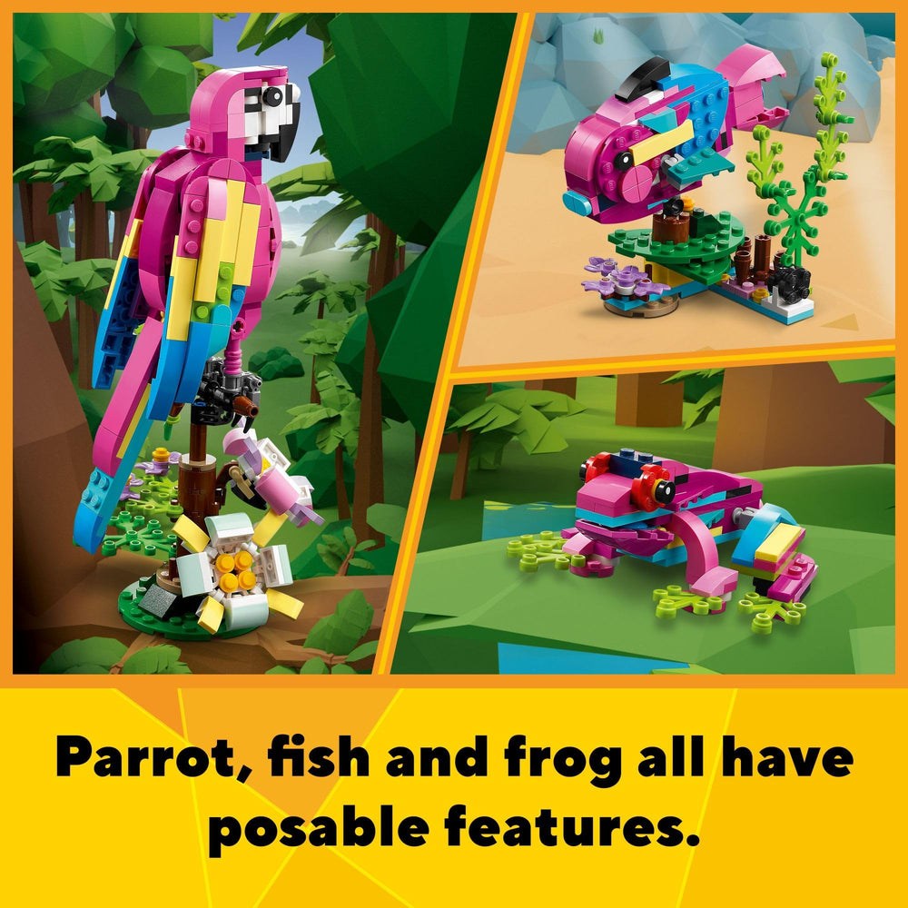 LEGO Exotic Pink Parrot on a tree perch creates rainforest moments.