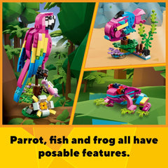LEGO Exotic Pink Parrot on a tree perch creates rainforest moments.