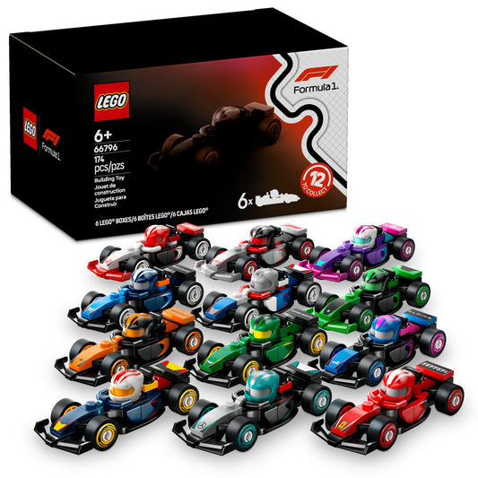 LEGO F1 6-pack box front showing six collectible cars for play and display