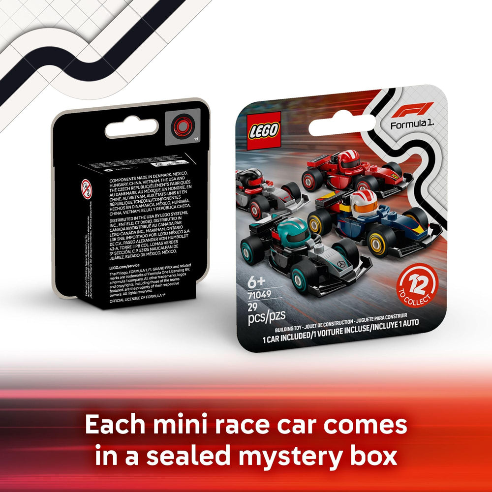 LEGO F1 wheels in motion on mini race cars for dynamic play