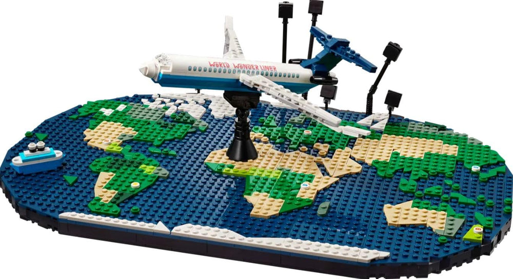 LEGO Family Holiday Memories world map and plane display inviting travel-inspired family bonding.