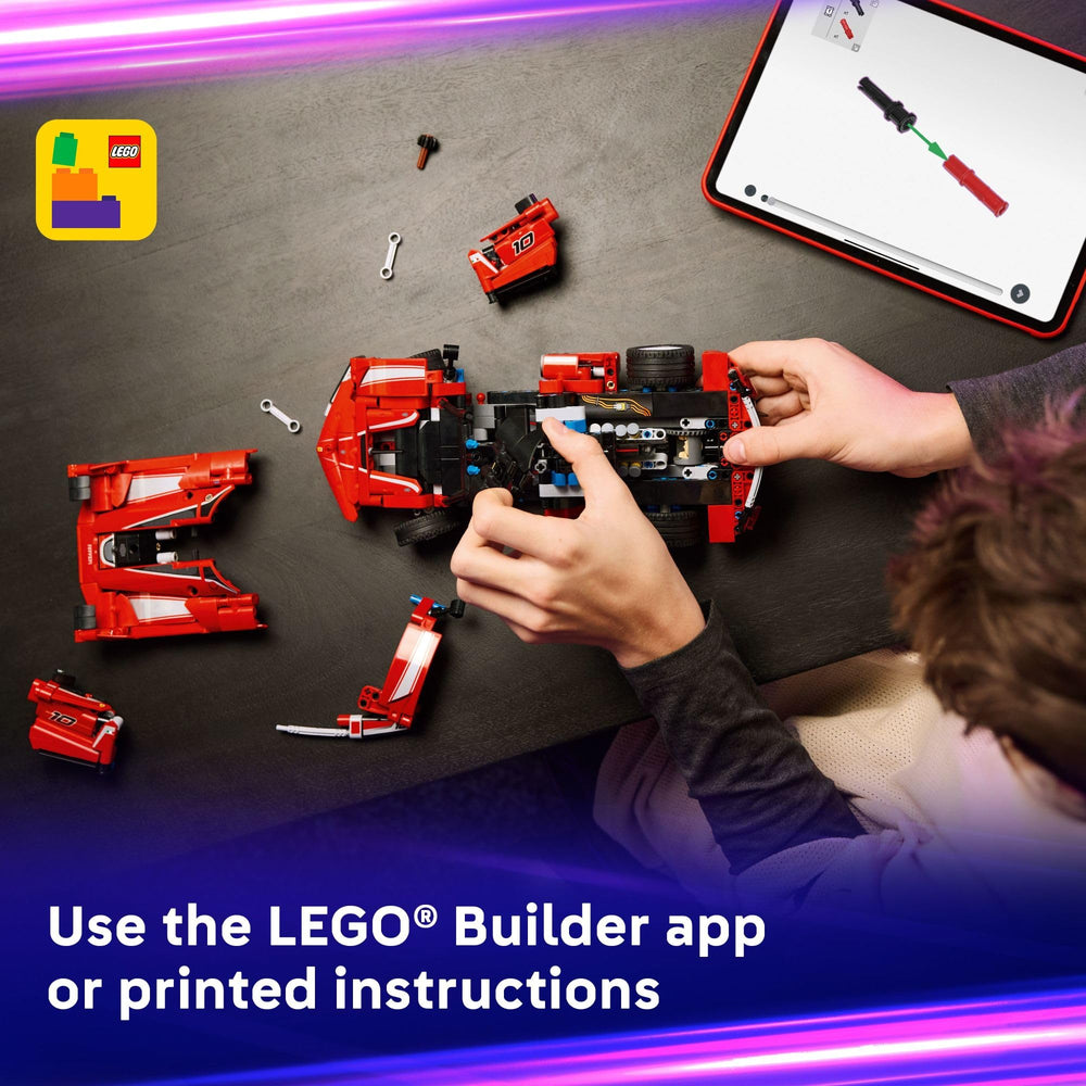 LEGO Builder app view for 3D visualization of the Ferrari FXX K.