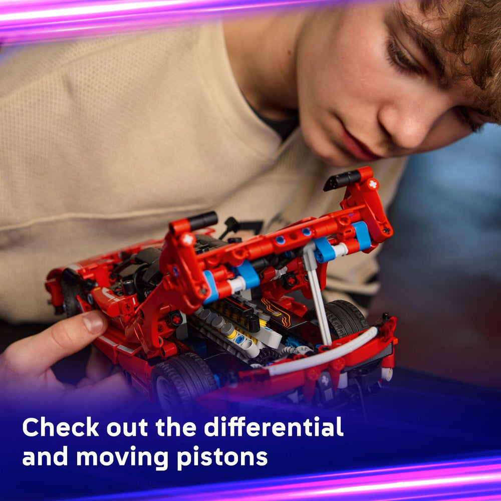 LEGO Technic Ferrari FXX K in red livery for display and play.