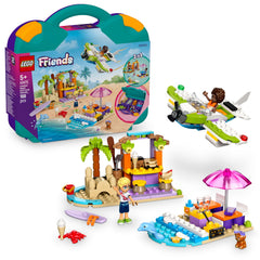 LEGO Friends 42672 beach suitcase open with two building models for pretend play