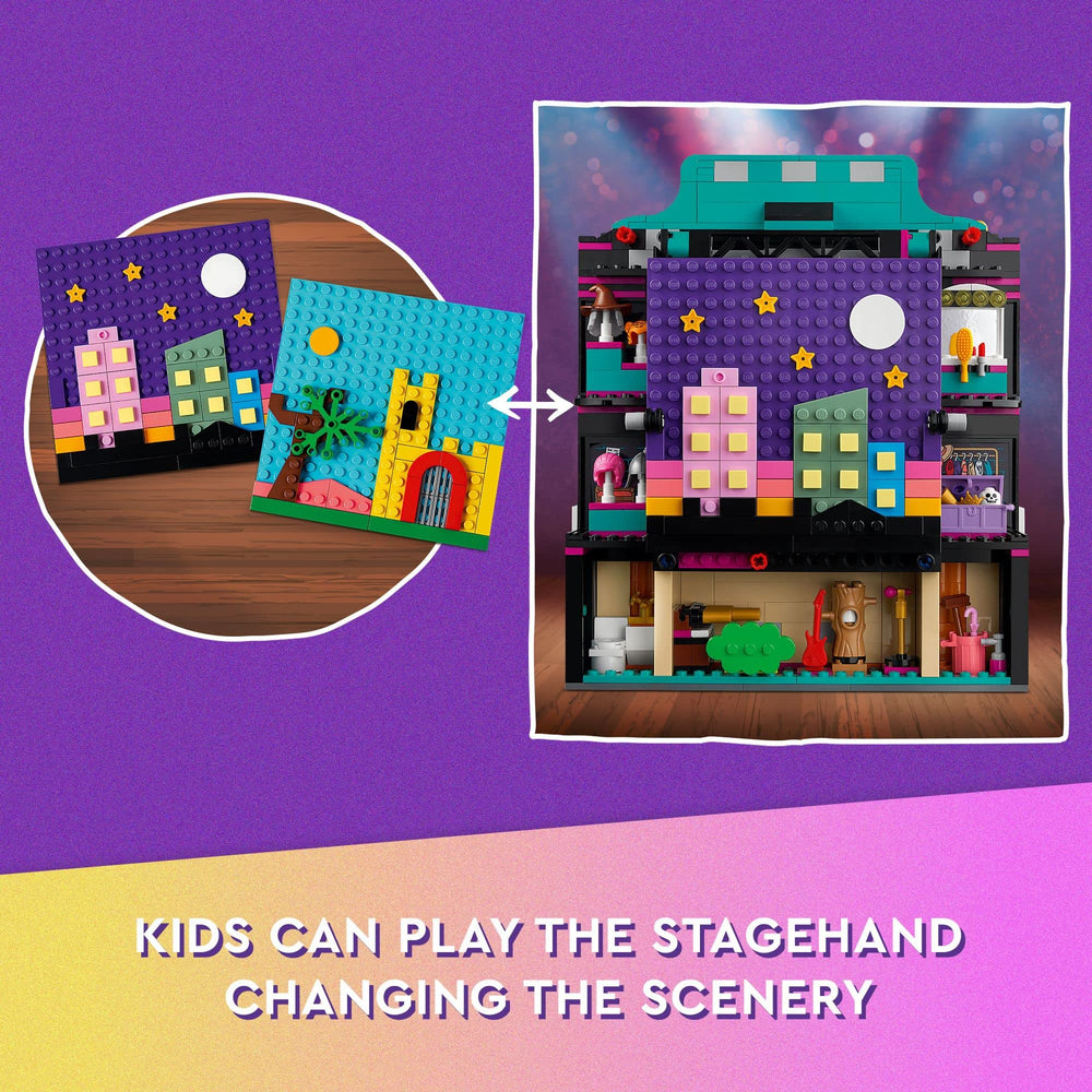 Two backdrops offer medieval castle and nighttime cityscape for varied performances.