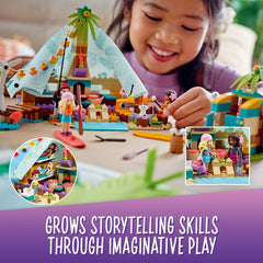 LEGO Friends Beach Glamping 41700 puppy Pebble sparks imaginative seaside adventures.