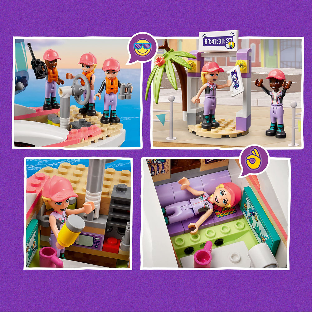 LEGO Friends deck features turning wheel and sails for interactive building.