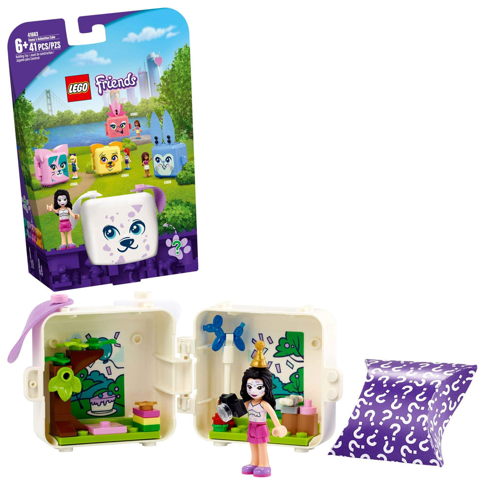 LEGO Friends Emma's Dalmatian Cube front view showing compact portable playset
