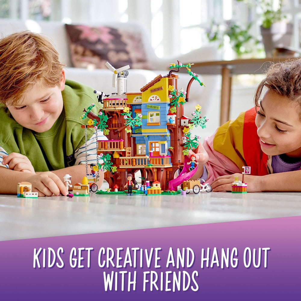 LEGO Friends tree house rotating railing invites kids to design routes and stories.
