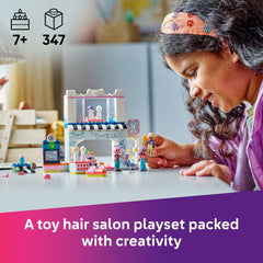 LEGO Friends hair salon chairs and styling tools invite creative makeovers.
