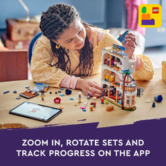 LEGO Friends hotel accessories and suitcases enrich busy breakfast and travel setups.