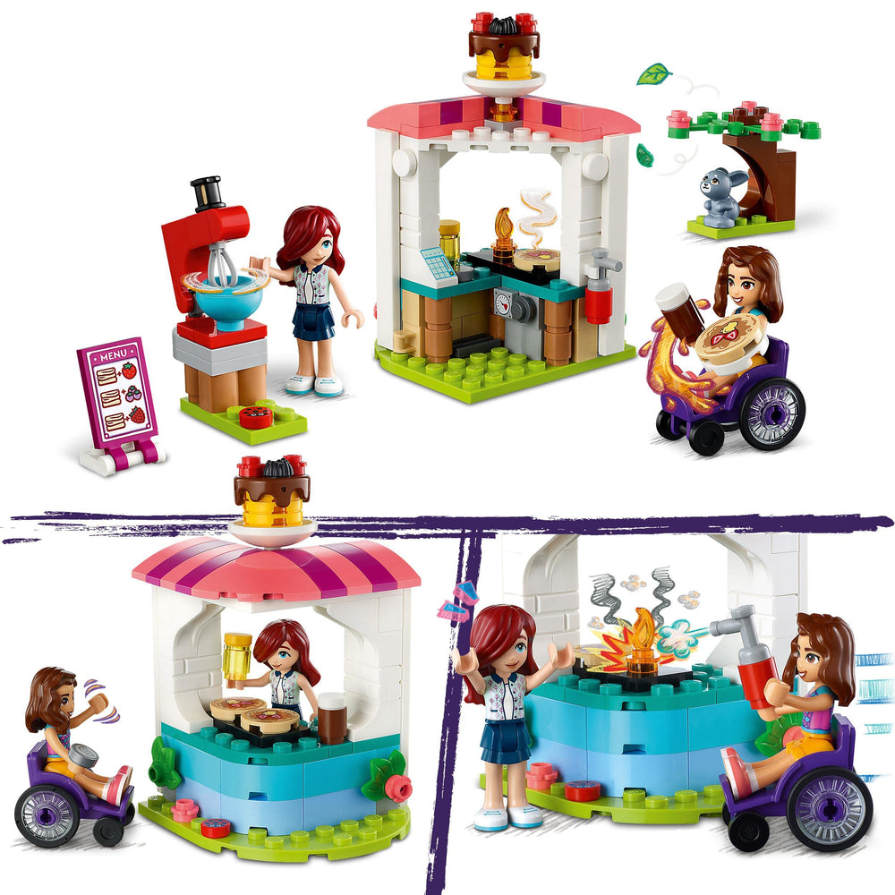 LEGO Friends Pancake Shop blender rotates, enhancing pretend cooking fun.