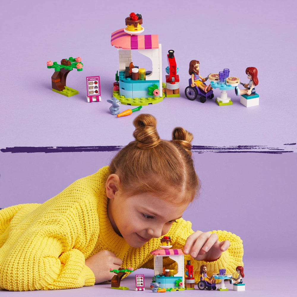 LEGO Friends Pancake Shop outdoor seating supports social play and sharing moments.
