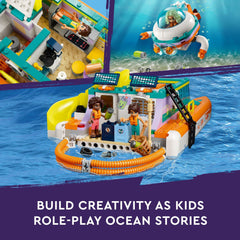 LEGO Friends Sea Rescue Boat 41734 mini-dolls Nova and Aliya enable friendship-driven adventures.