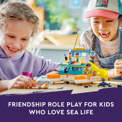 LEGO Friends Sea Rescue Boat 41734 side view highlights the lab and role-play setups.