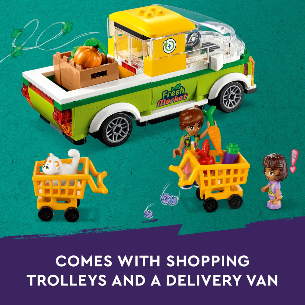 LEGO Friends tins, bottles and baskets enhance pretend grocery stocking and recycling.