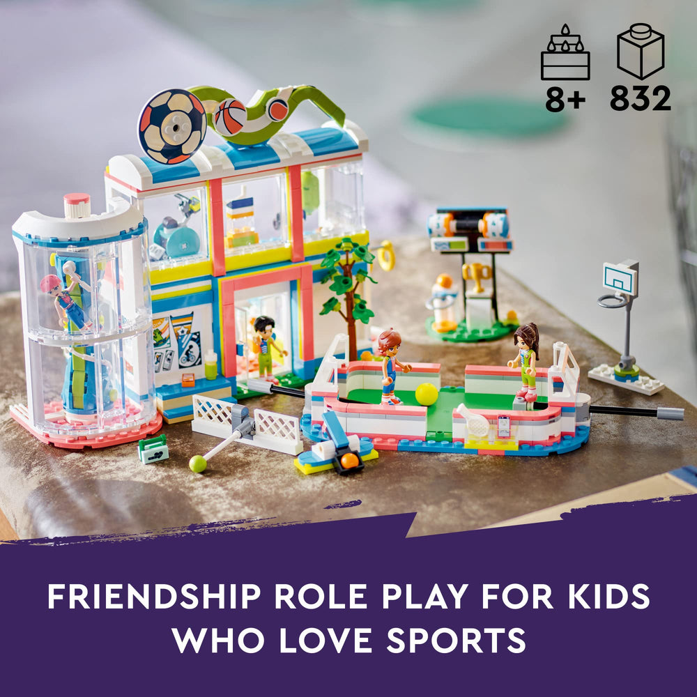 LEGO Friends Sports Center 41744 field transformed into tennis court for varied games.