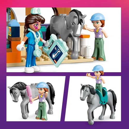 LEGO Friends stable scene with hay, pitchfork, and saddle for animal care
